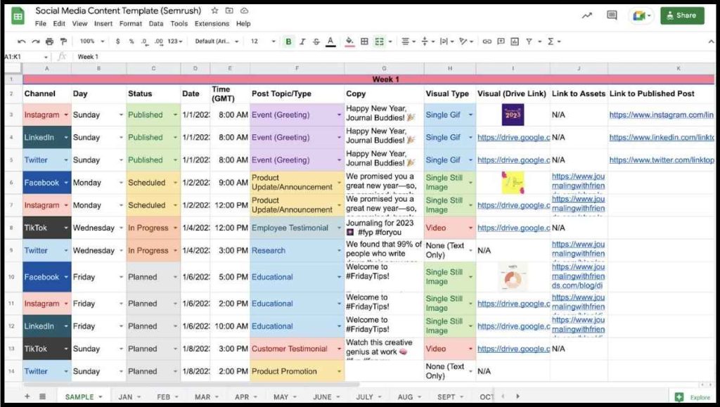 Social media calendar with border